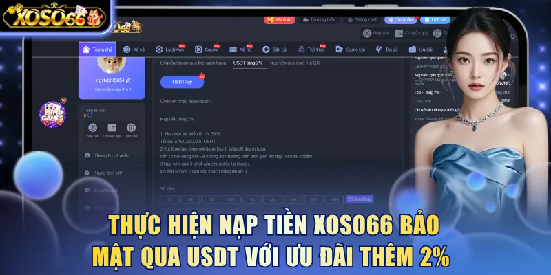 Thực hiện nạp tiền Xoso66 bảo mật qua USDT với ưu đãi thêm 2%